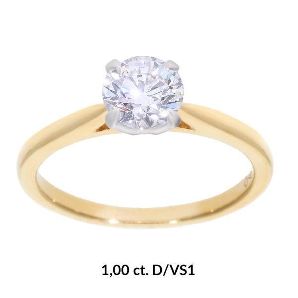 Kullast sõrmus laboris kasvatatud teemantiga 1,00 ct. Kood: 44-47LAB+RX3170-Y-1,0