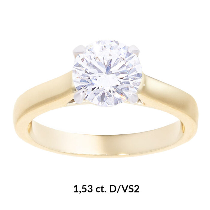 Kullast sõrmus laboris kasvatatud teemantiga 1,58 ct. Kood: LAB+RX4083-Y-1,5