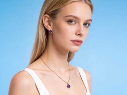 Kullast kõrvarõngad ja ripats ametüstiga Komplekt: pn0151 + er0137