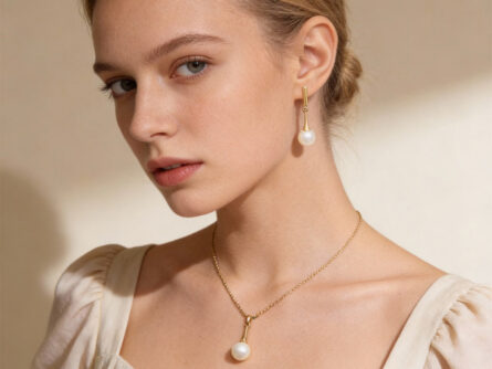 Kullast kõrvarõngad ja ripats mageveepärlitega Komplekt: "Lumepärl"