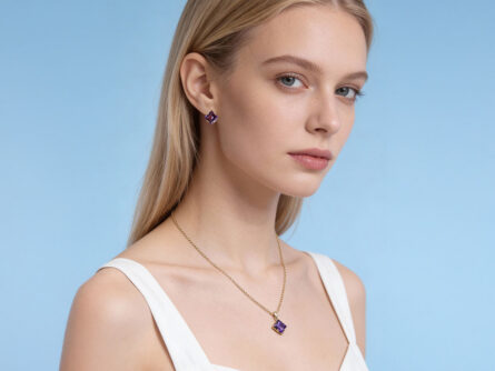 Kullast kõrvarõngaste ja ripats ametüstiga Komplekt: pn0151-ametyst + er0153-151-ametyst