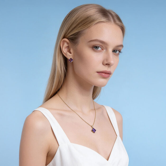 Kullast kõrvarõngaste ja ripats ametüstiga Komplekt: pn0151-ametyst + er0153-151-ametyst