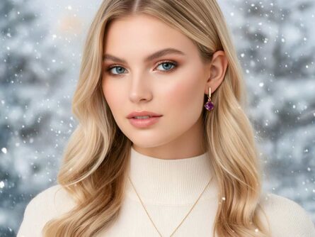 Kullast kõrvarõngaste ja ripats ametüstiga Komplekt: pn0151-ametyst + er0153-151-ametyst