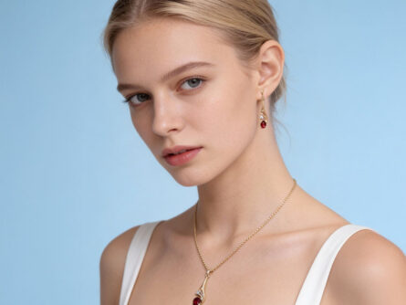 Kullast kõrvarõngad ja ripats granaadi ja teemandiga Komplekt: "Südametuli"